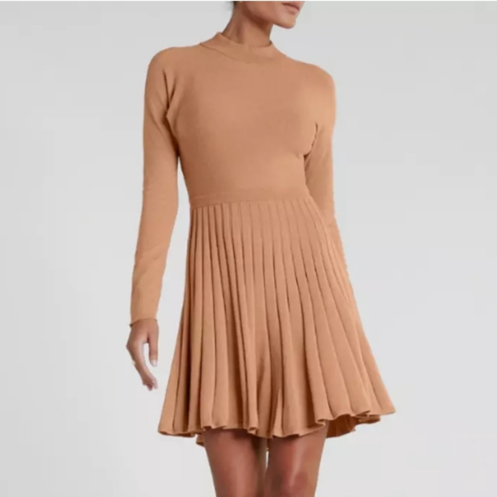 Express Pleated Mock Neck Cutout Back Sweater Dress in Pecan